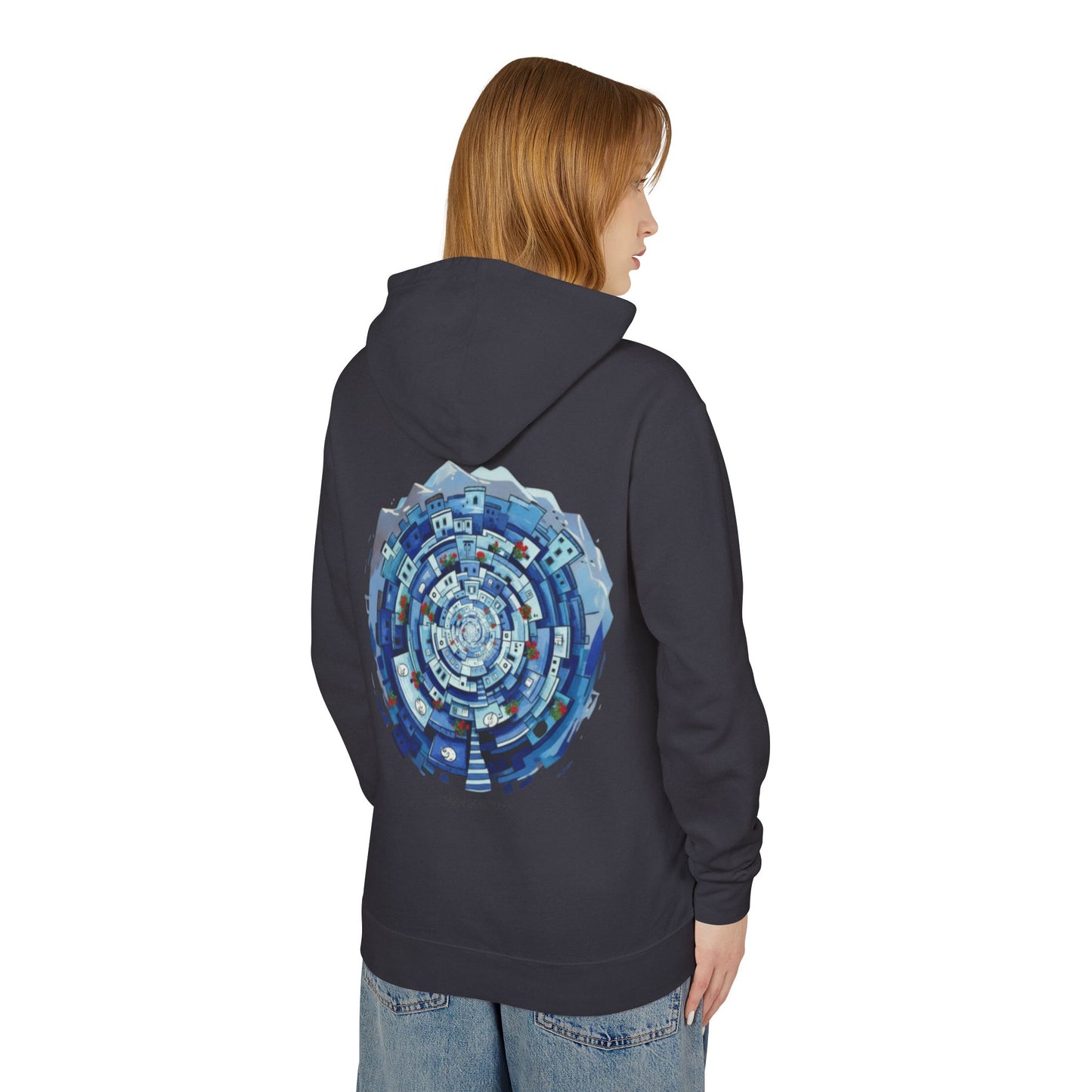 Abstract Blue Mandala Hoodie — Geometric Spiral Art Lightweight Hoodie