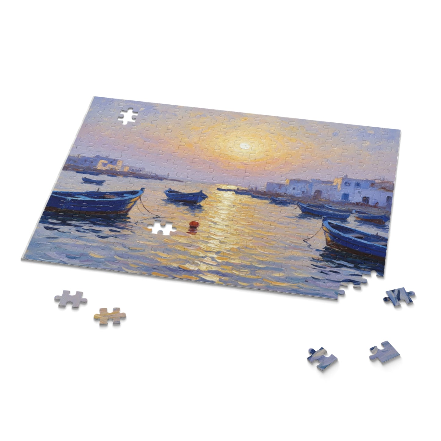 Seaside Sunset Puzzle — Impressionist Harbor Scene (120/252/500 Piece)