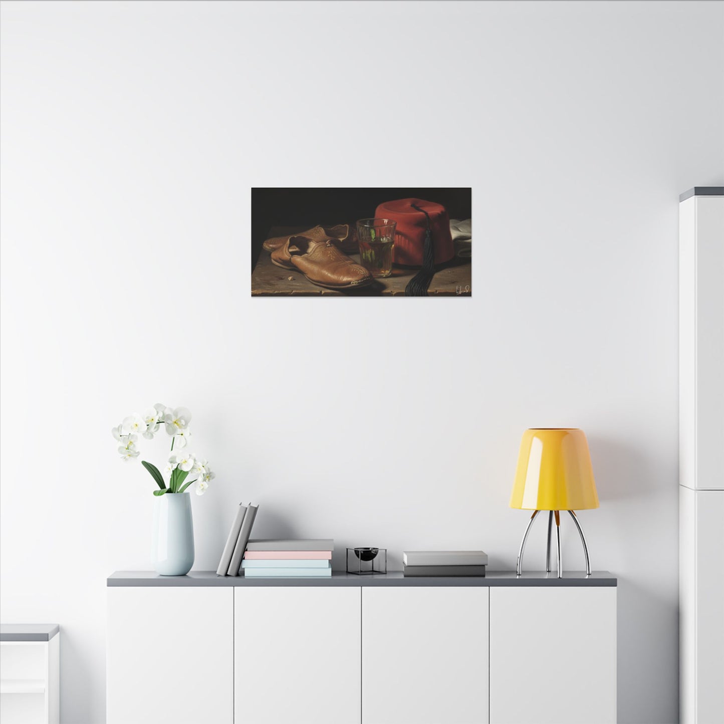 Still Life Canvas Print — Leather Shoes & Red Fez Wall Art