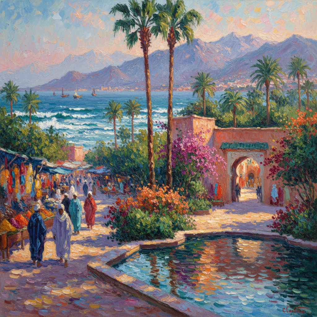 Affiche encadrée - Illustration d'un marché côtier méditerranéen, décoration murale représentant un village balnéaire animé