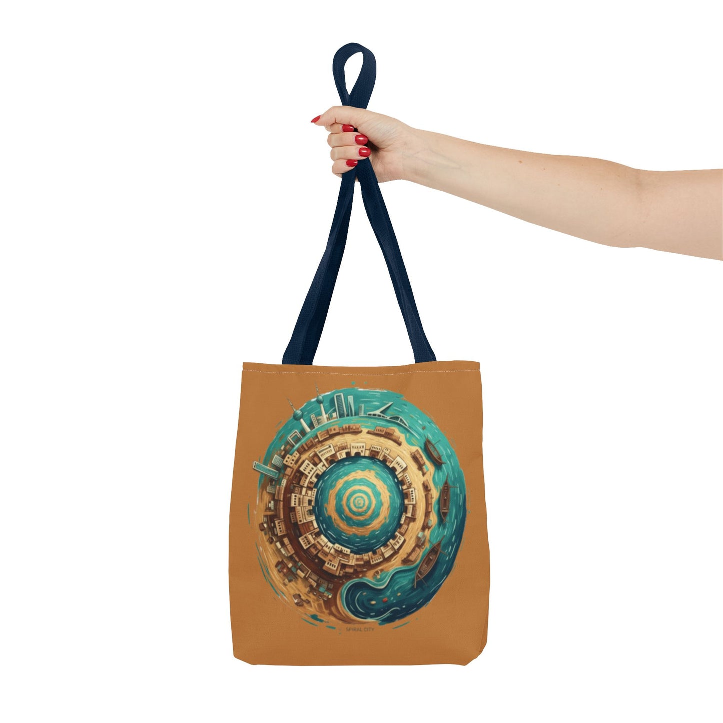 Round Cityscape Tote Bag — Abstract Turquoise & Gold Planet Design