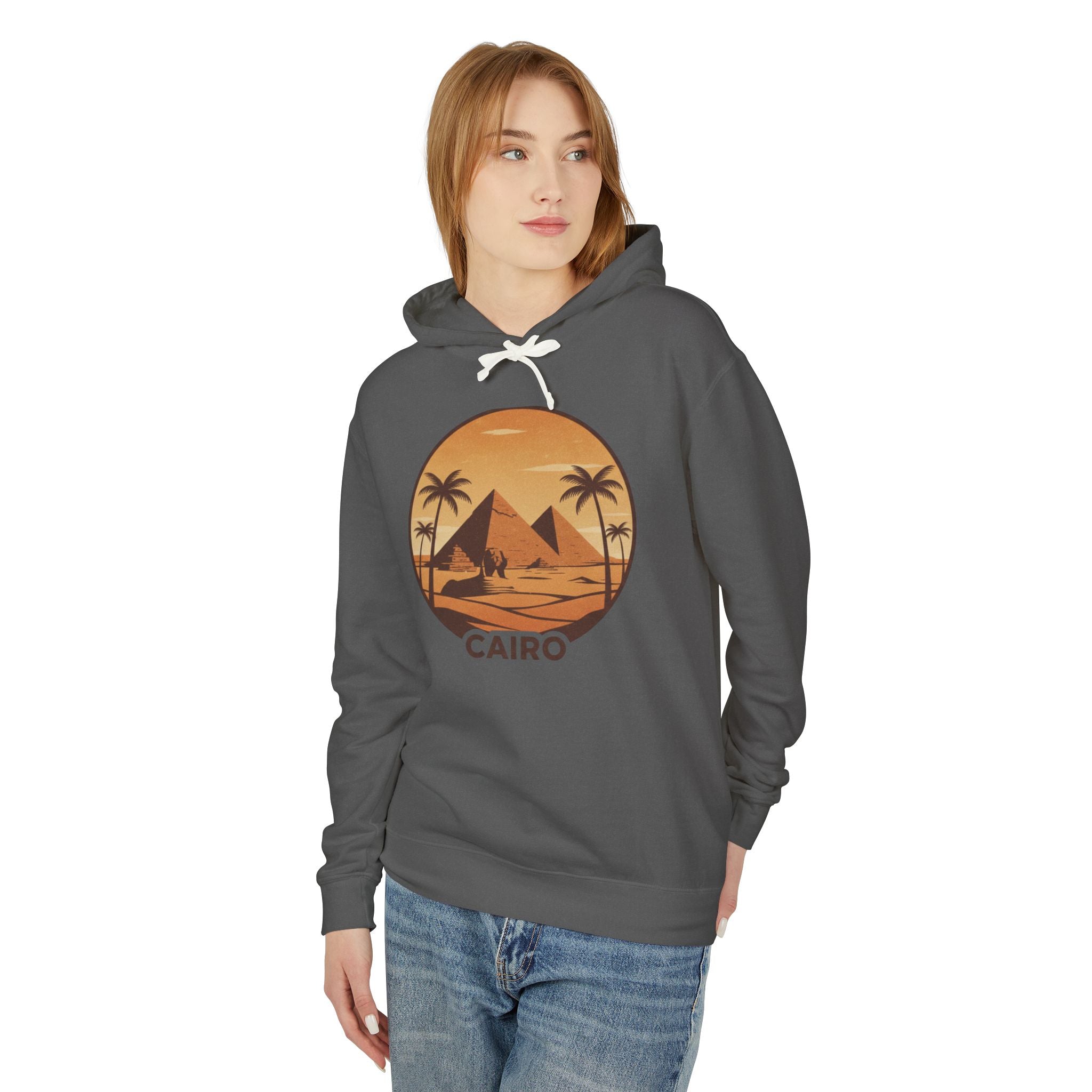 Cairo Sunset Hoodie — Vintage Pyramids Palm Tree Travel Sweatshirt