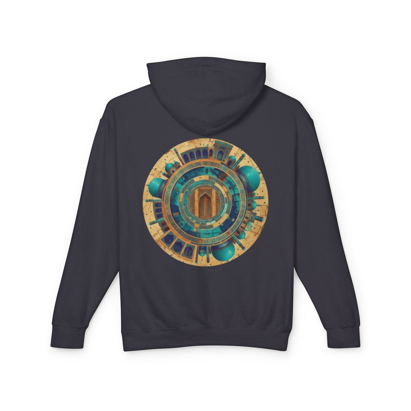 Hoodie — Vintage Teal & Gold Circular Architectural Graphic Hooded Sweatshirt