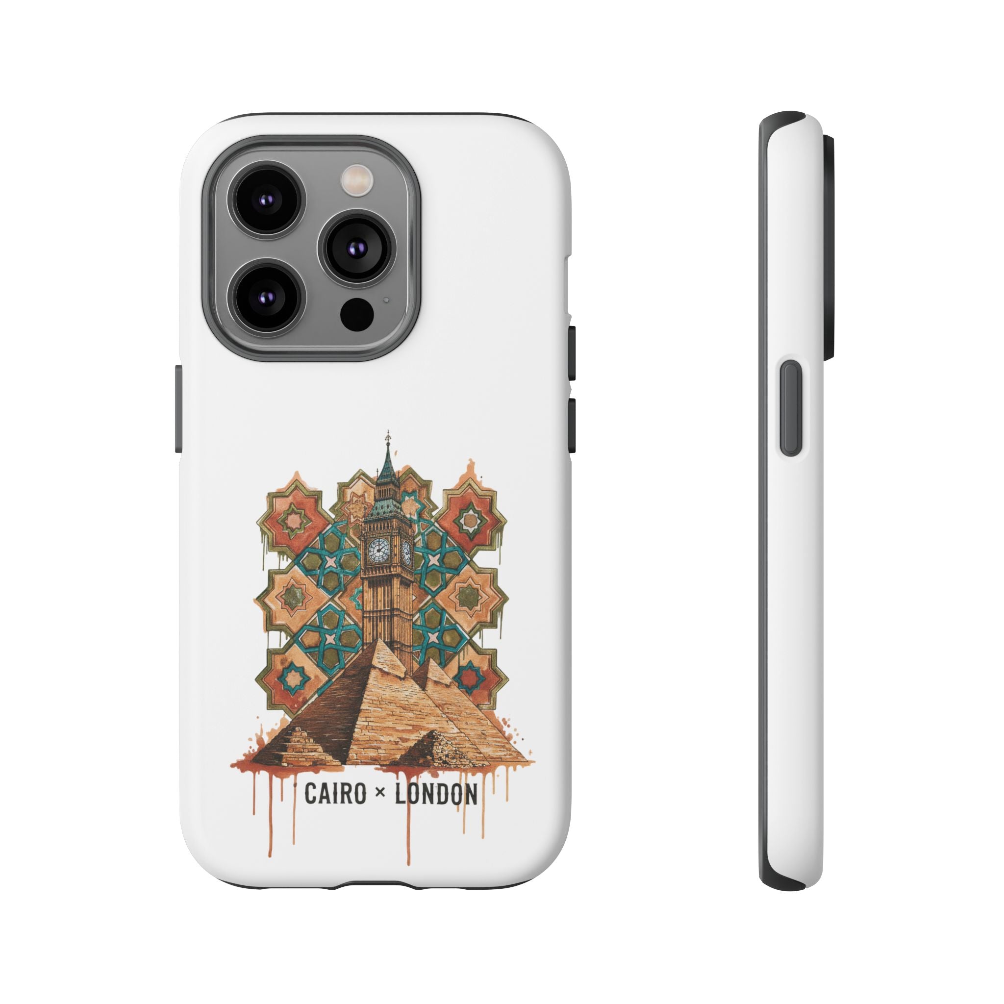Cairo × London Phone Case — Vintage Mosaic Pyramids & Big Ben Travel Design