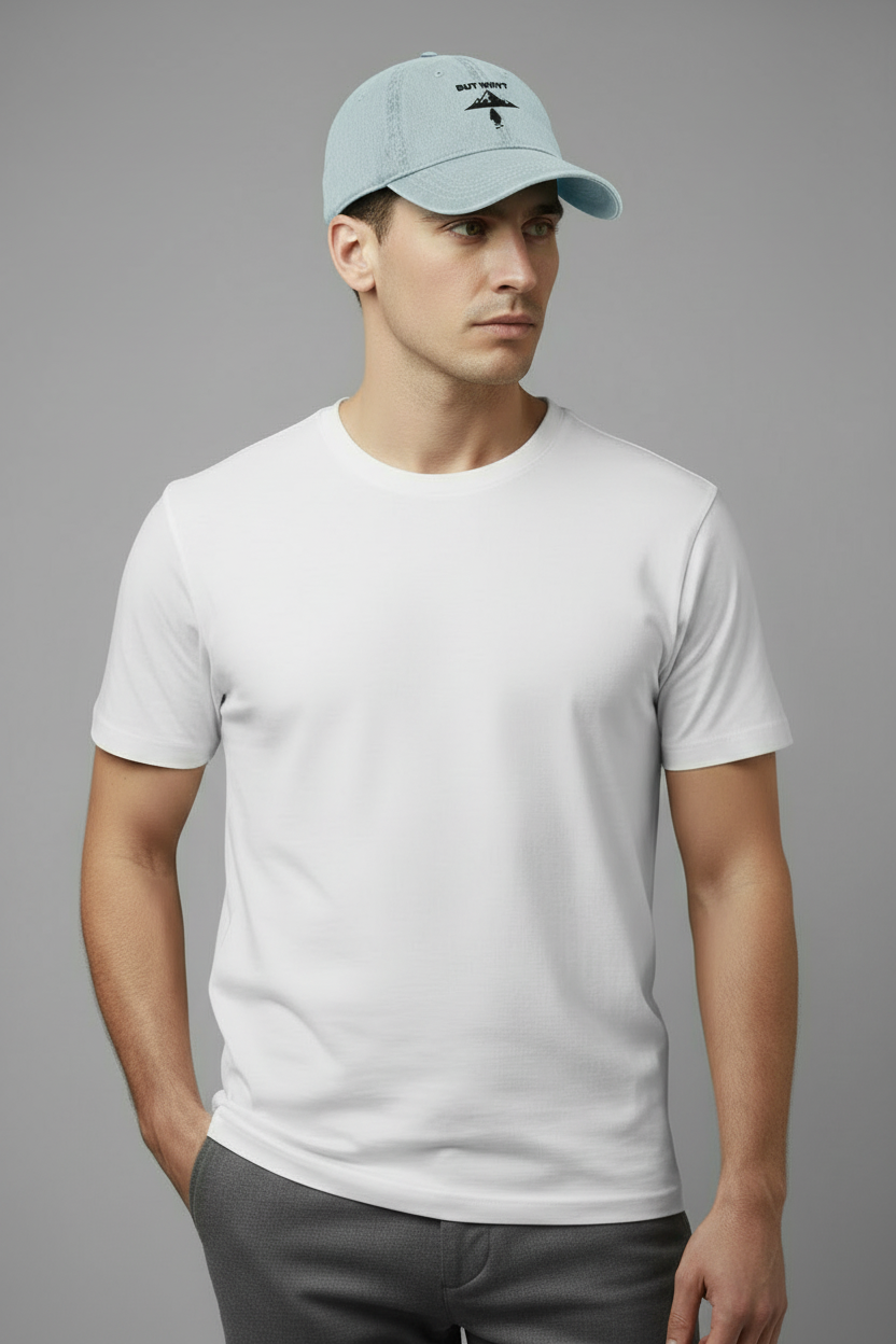 Alternative angle - Model wearing BUT WHY cap