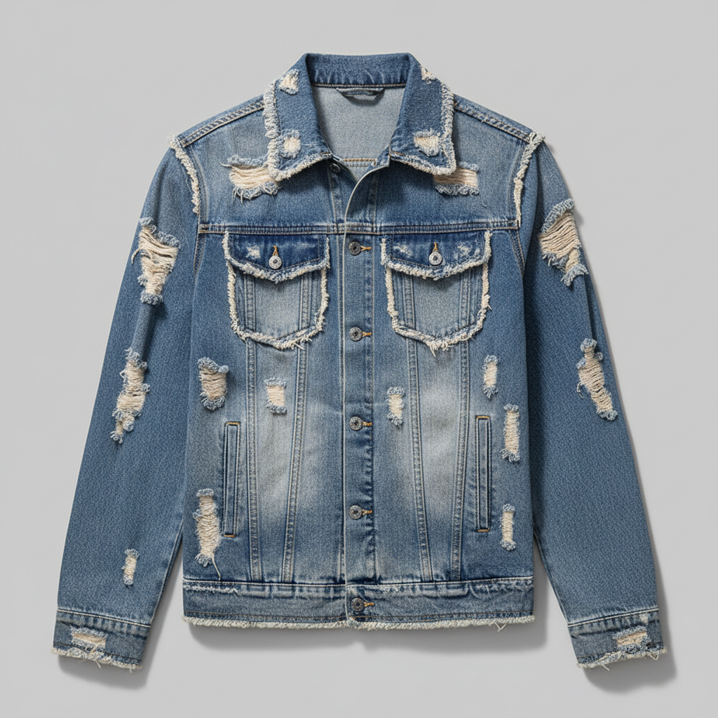 Denim Jacket with Frayed Holes