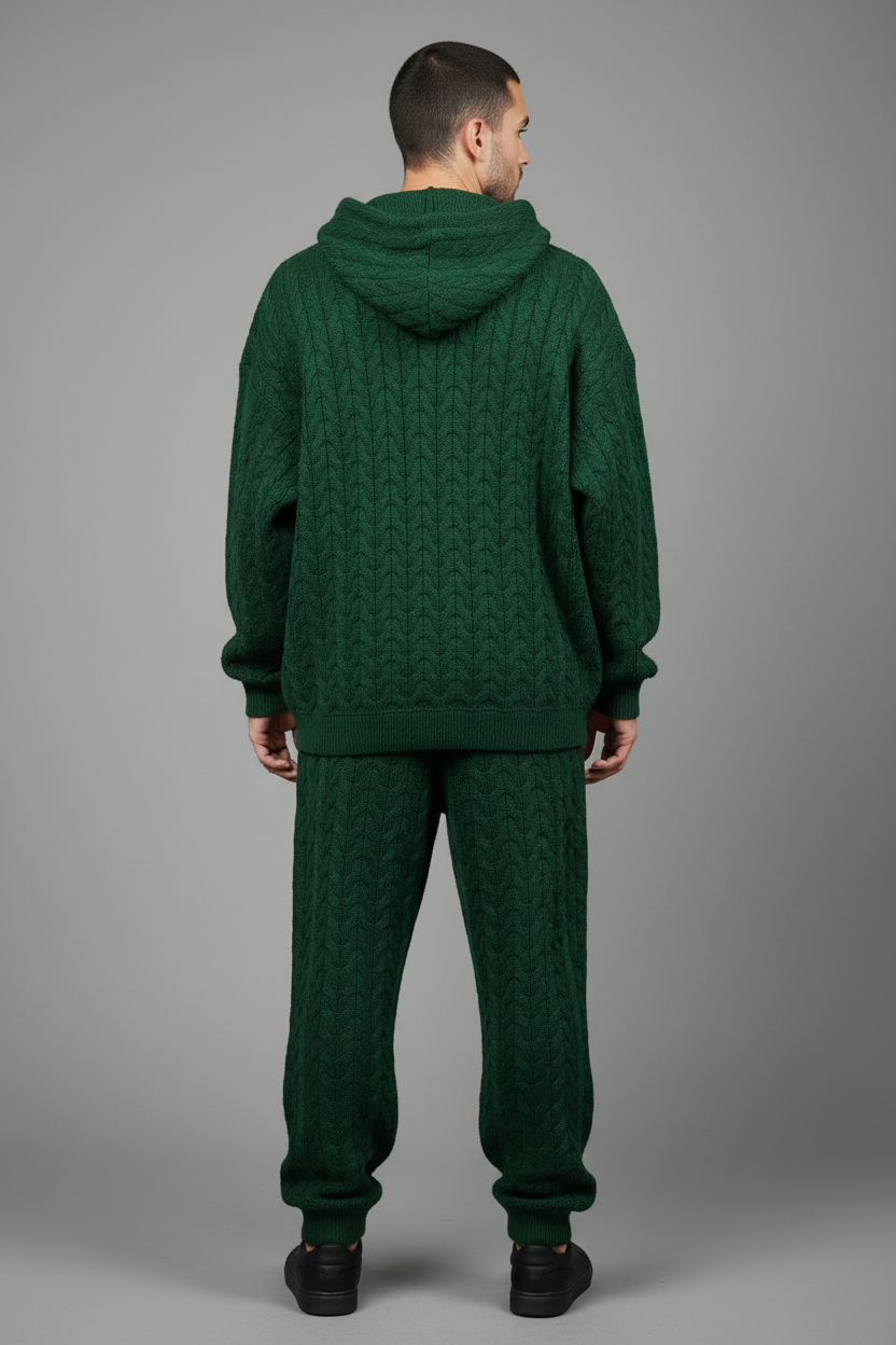 Forest green oversized cable-knit tracksuit - back view