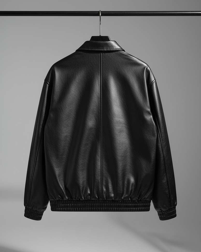 Black leather bomber jacket on hanger - back view