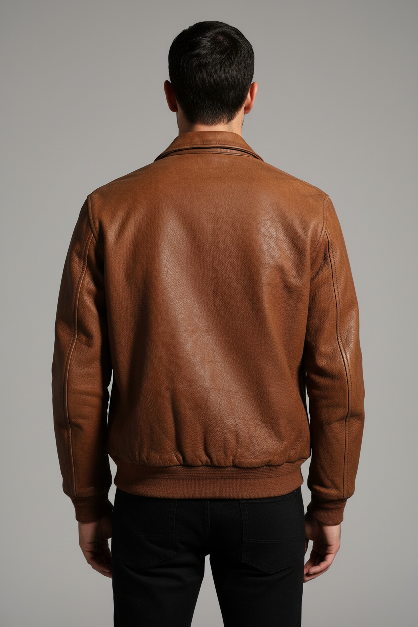 Classic Tan Leather Bomber Jacket
