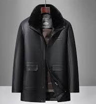 Black Leather Hooded Jacket with Detachable Fur Collar C