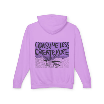 Hoodie — "Consume Less Create More" Art Print Lightweight Pullover