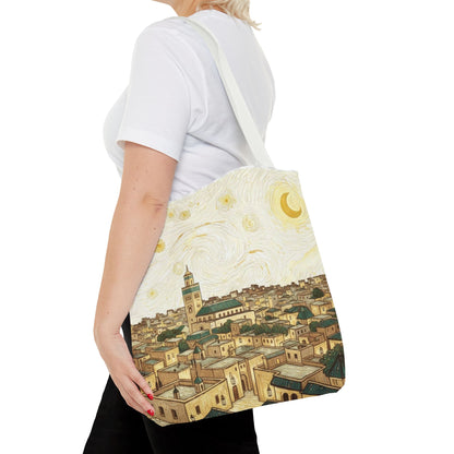 Starry Night Cityscape Tote Bag — Vintage Moroccan Skyline All-Over Print