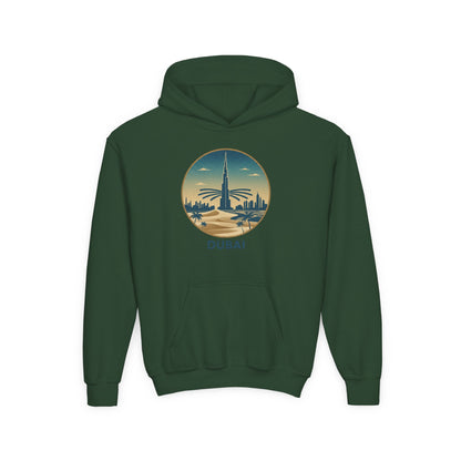 Dubai Skyline Youth Hoodie — Retro Desert Sunset Travel Sweatshirt