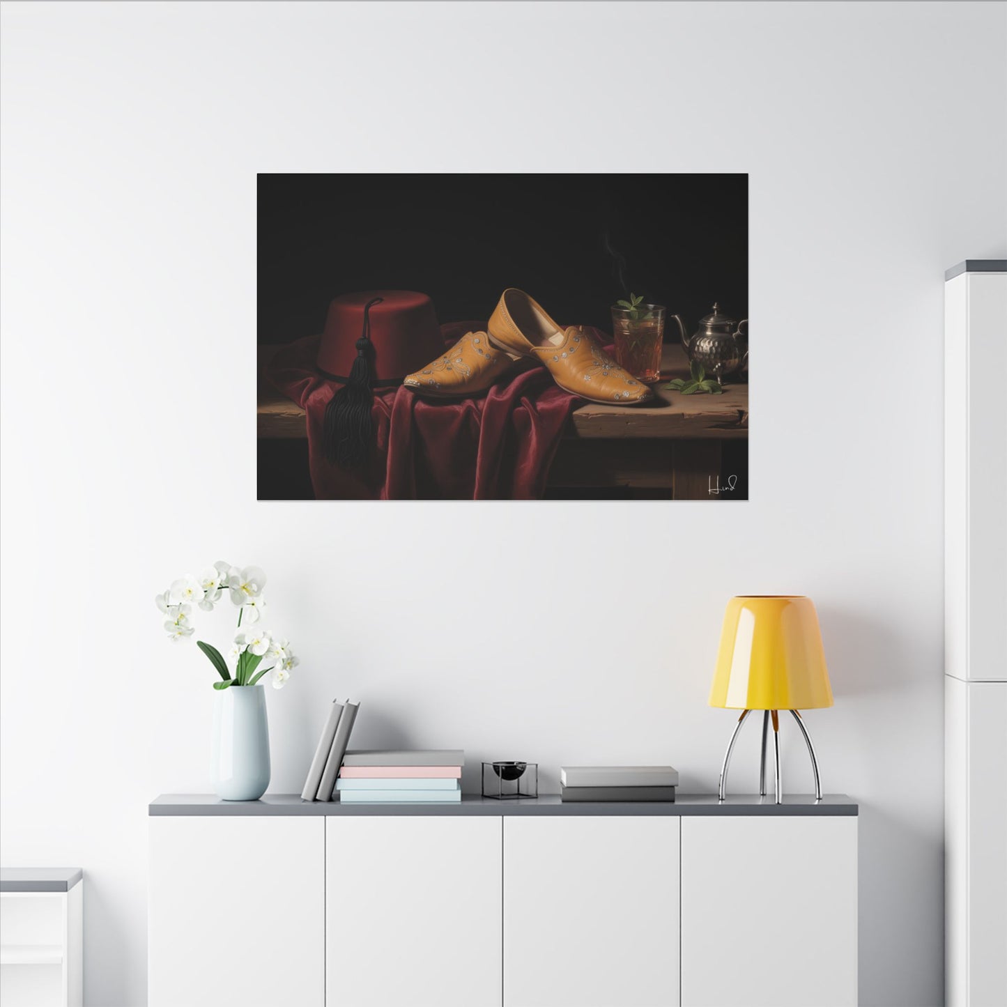 Nature morte sur toile — Chaussures en cuir et fez, décoration murale