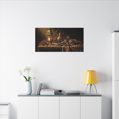 Oriental Still Life Canvas — Vintage Brass Teapot & Lantern Wall Art