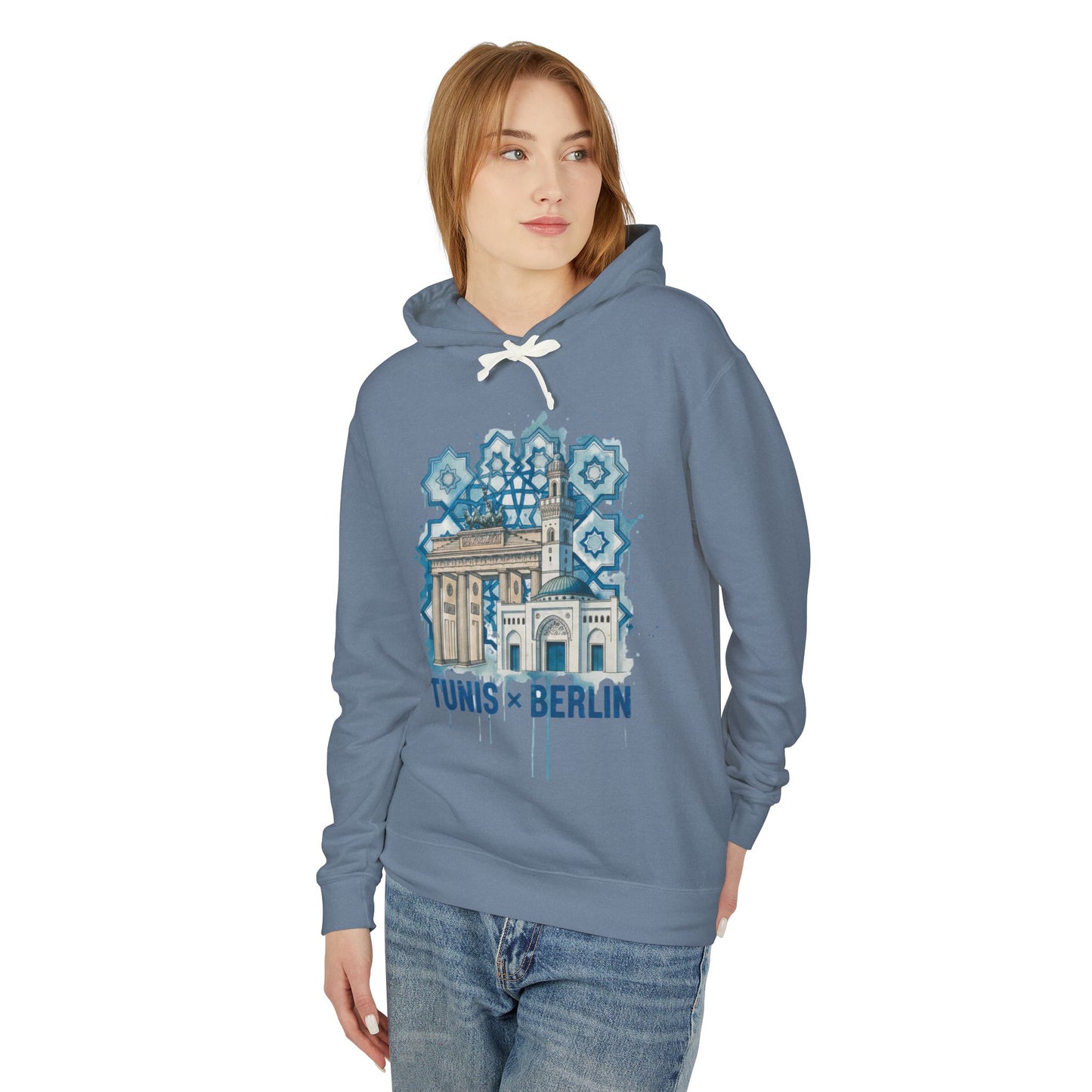 Tunis × Berlin Hoodie — Travel Mashup Graphic Hooded Sweatshirt