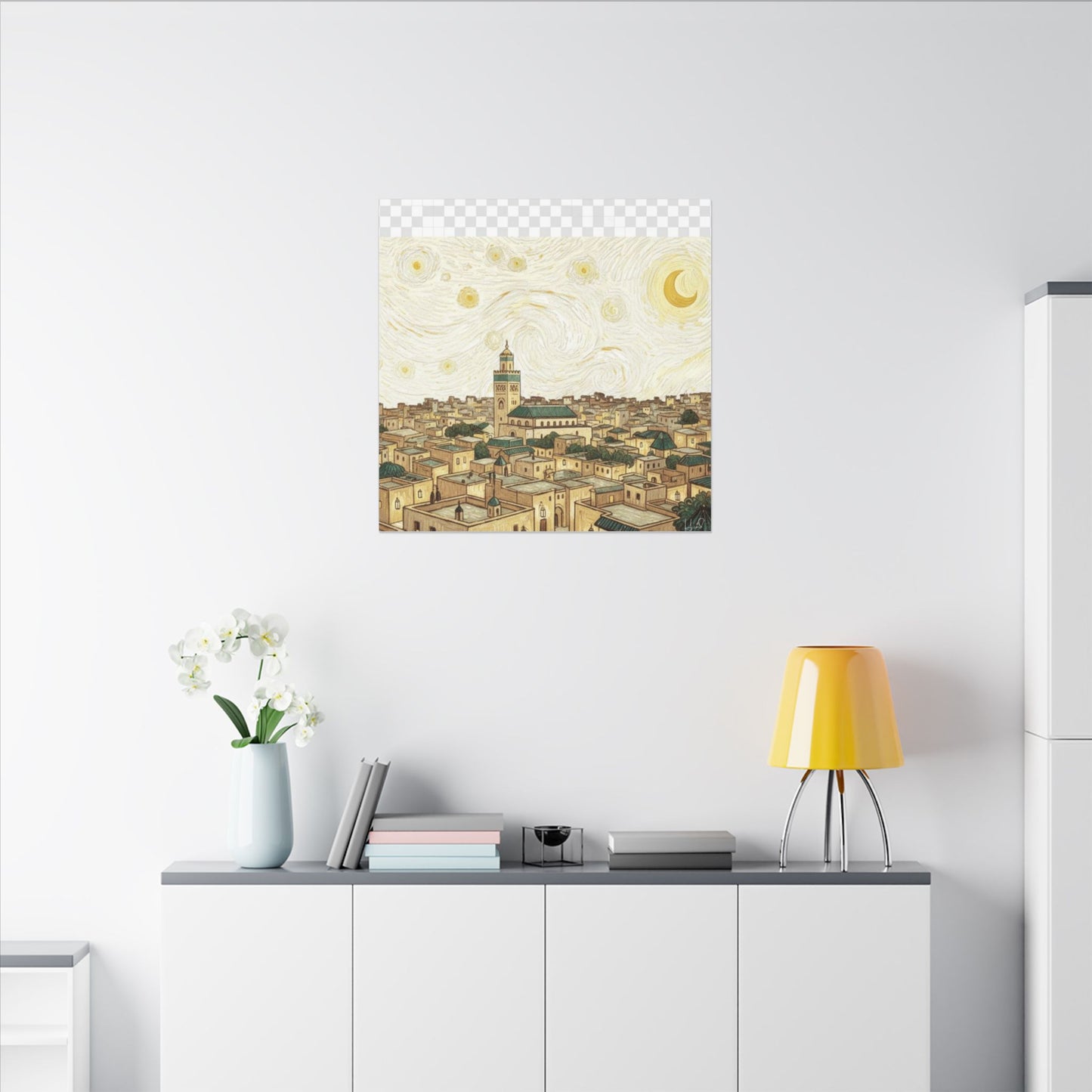 Moroccan Cityscape Canvas Print — Starry Night-Inspired Mosque Wall Art