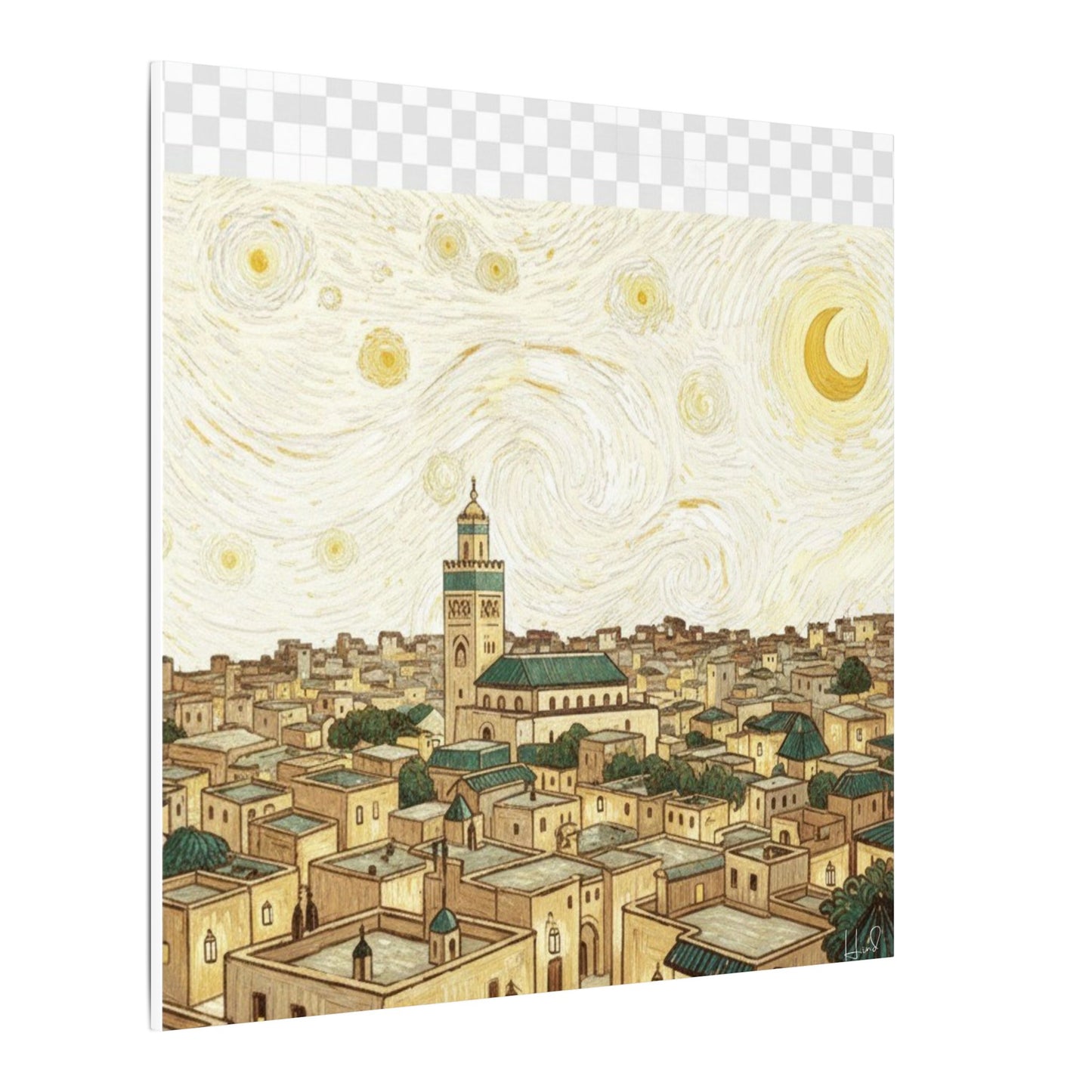 Moroccan Cityscape Canvas Print — Starry Night-Inspired Mosque Wall Art