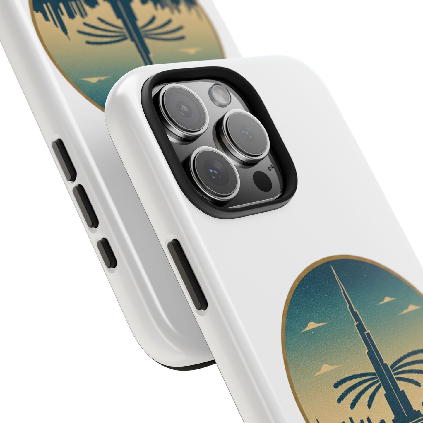 Coque de téléphone résistante motif skyline de Dubaï — Étui de voyage rétro palmiers du désert