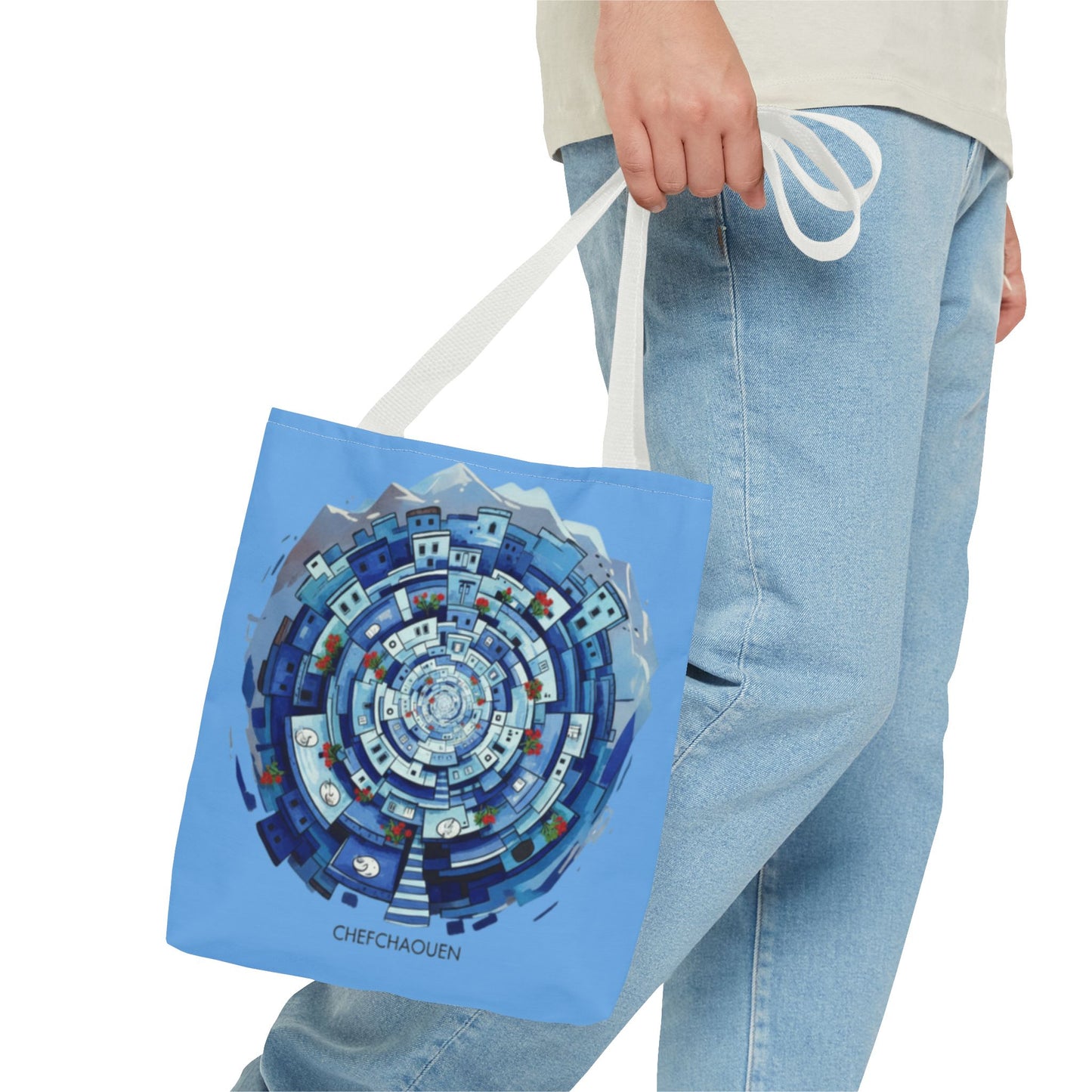 Blue Circular Cityscape Tote Bag — Abstract Urban Spiral All-Over Print Tote