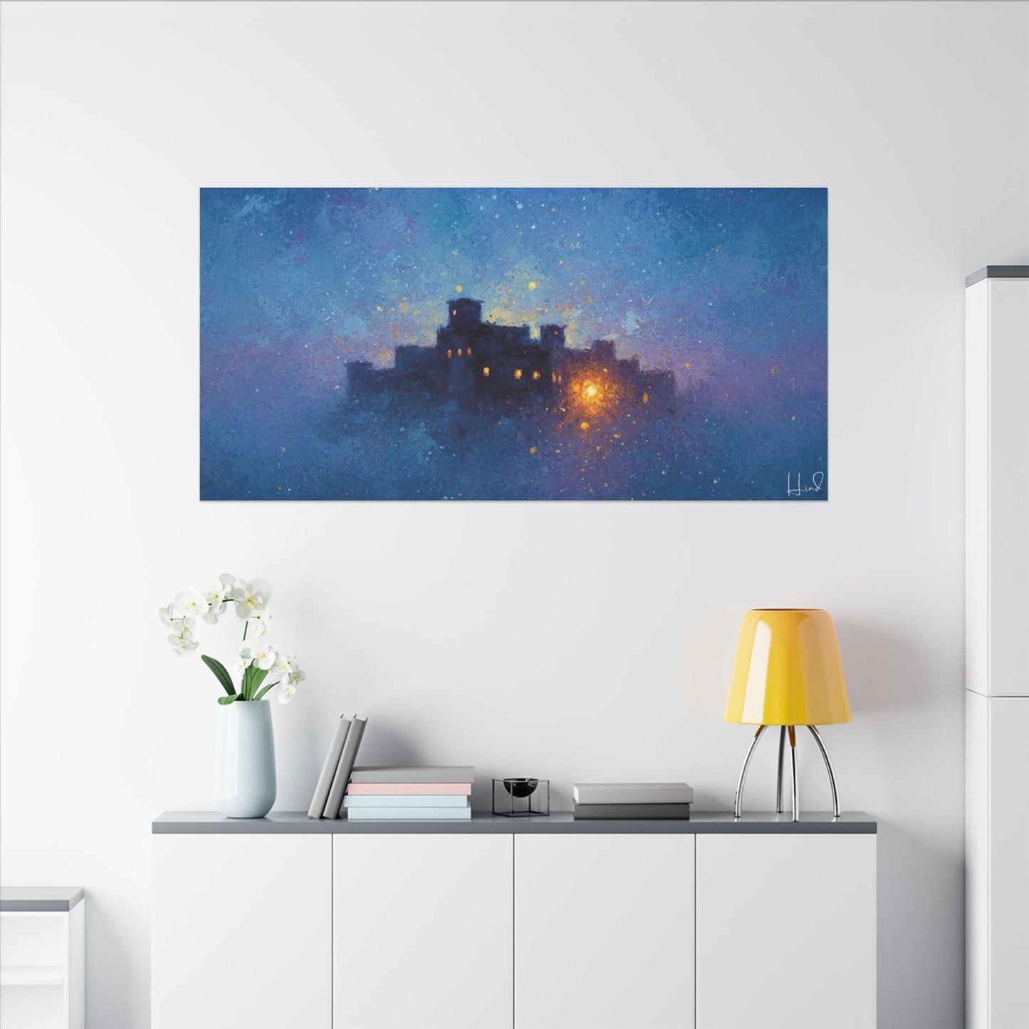 Tableau sur toile mate « Forteresse de la Nuit Étoilée » — Paysage mystique de château bleu