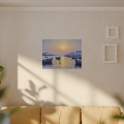 Seaside Sunset Canvas Print — Boats on Tranquil Harbor Wall Art
