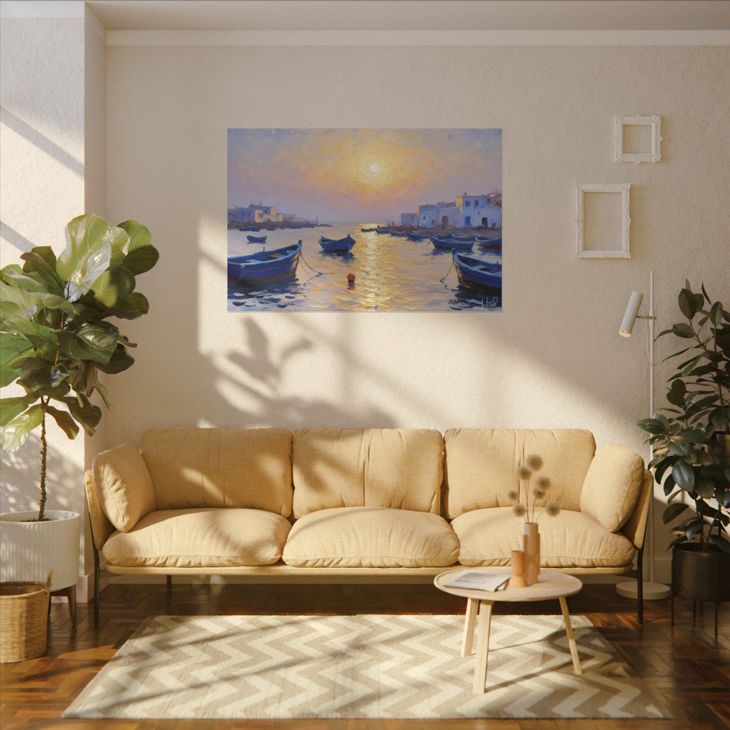 Seaside Sunset Canvas Print — Boats on Tranquil Harbor Wall Art