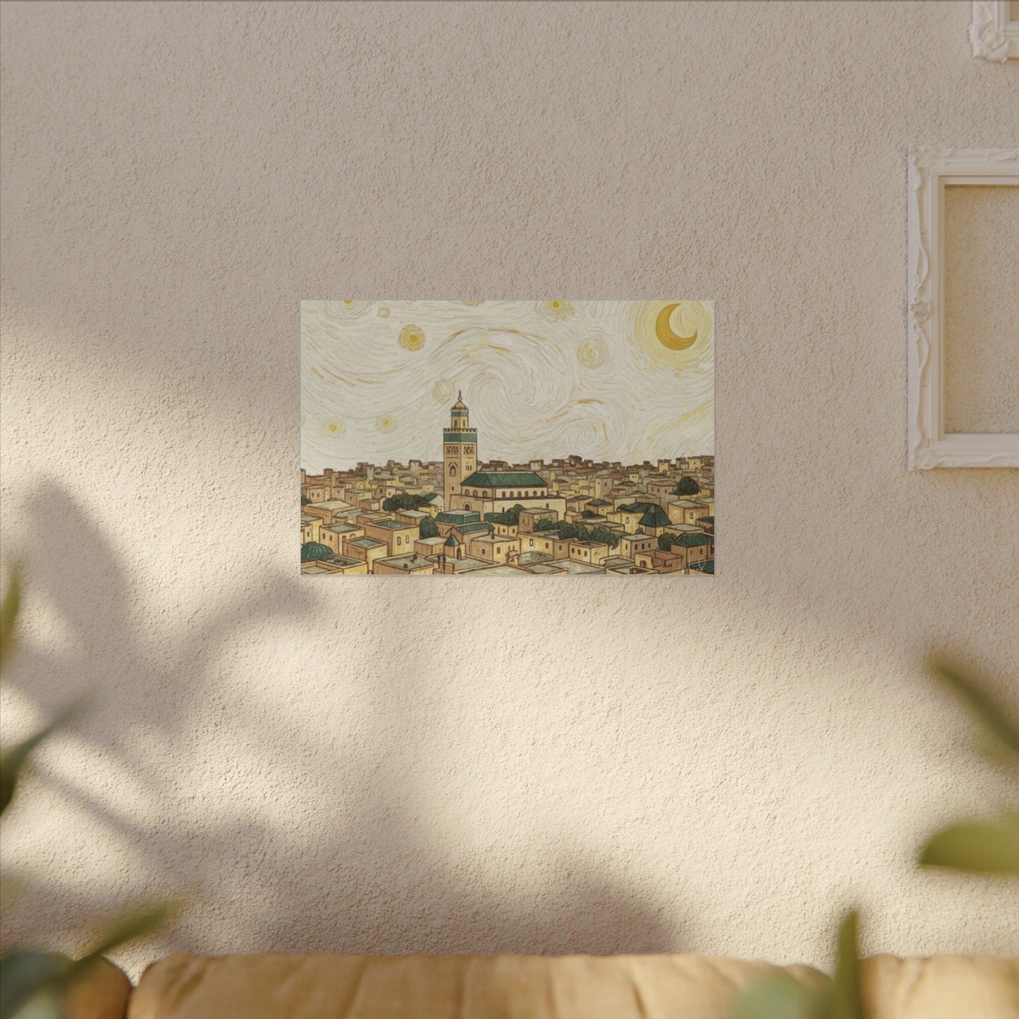 Moroccan Cityscape Canvas Print — Starry Night-Inspired Mosque Wall Art