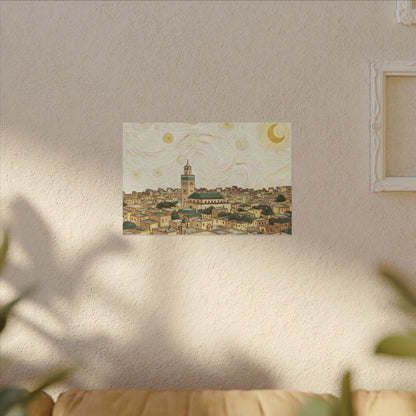 Moroccan Cityscape Canvas Print — Starry Night-Inspired Mosque Wall Art