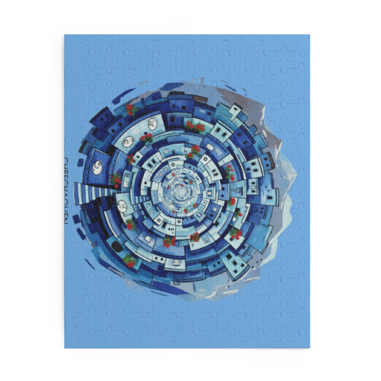 Blue Coastal Village Spiral Puzzle — 120/252/500-Piece Jigsaw