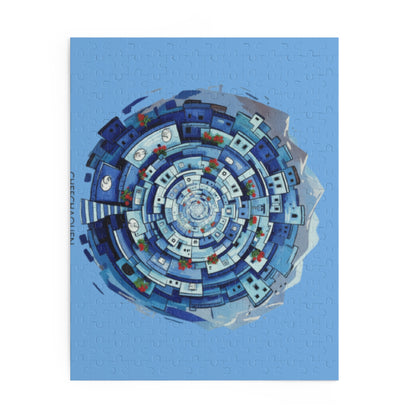 Blue Coastal Village Spiral Puzzle — 120/252/500-Piece Jigsaw