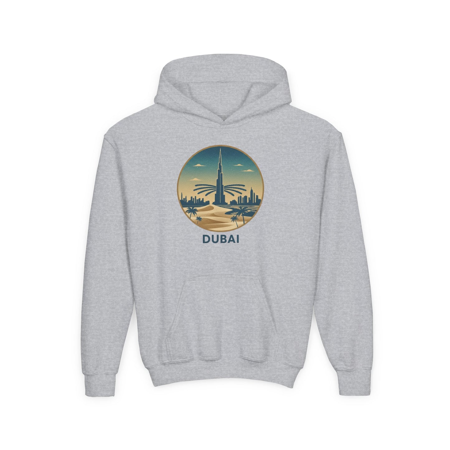Dubai Skyline Youth Hoodie — Retro Desert Sunset Travel Sweatshirt