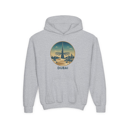 Dubai Skyline Youth Hoodie — Retro Desert Sunset Travel Sweatshirt