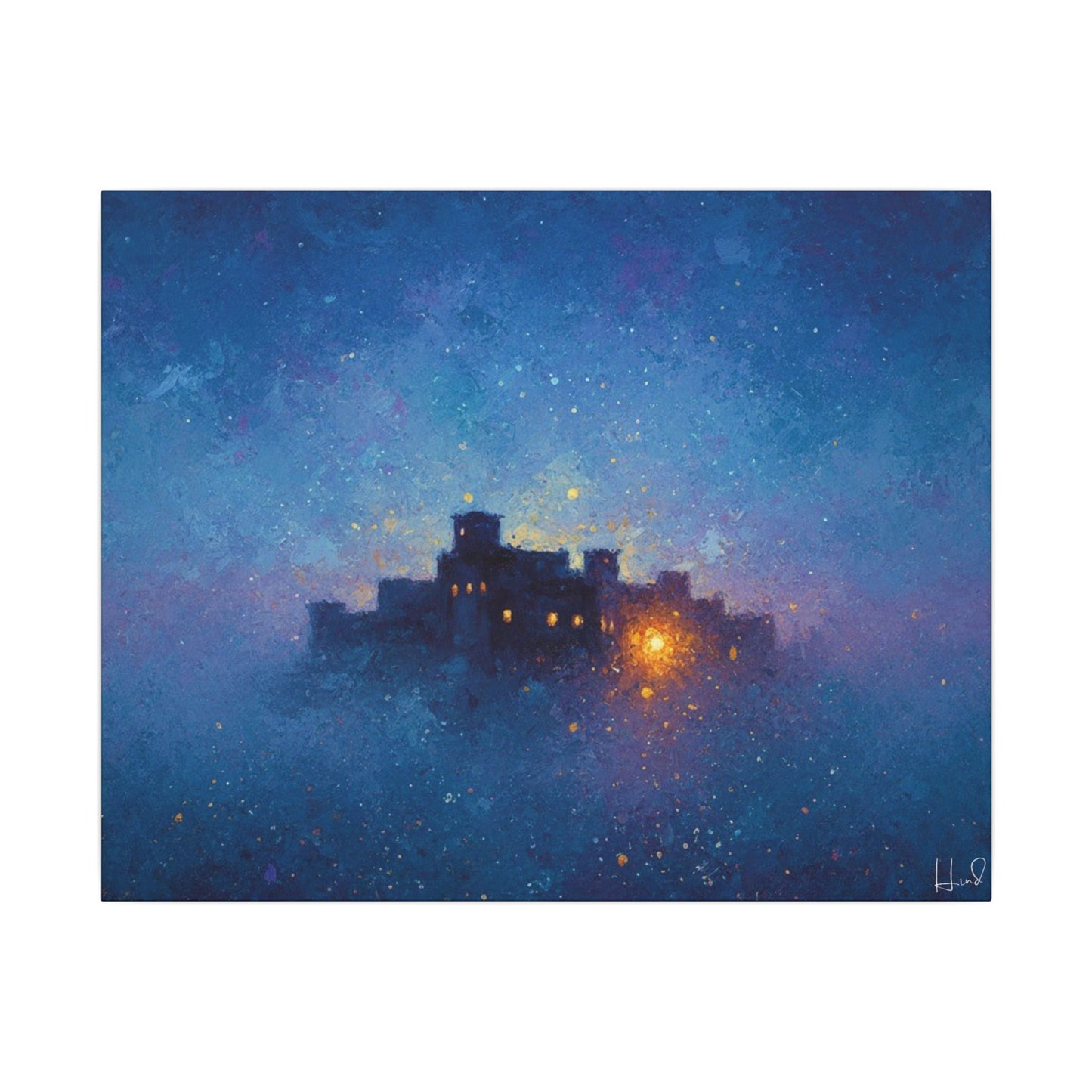 Tableau sur toile mate « Forteresse de la Nuit Étoilée » — Paysage mystique de château bleu