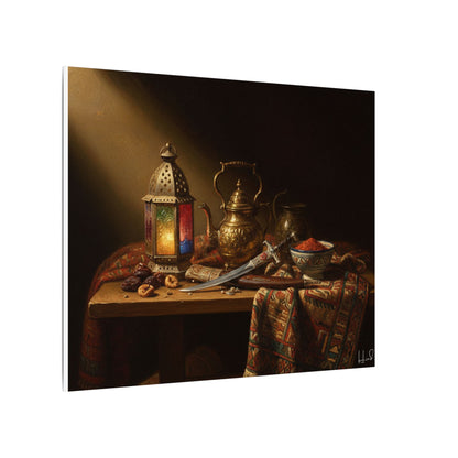 Oriental Still Life Canvas — Vintage Brass Teapot & Lantern Wall Art