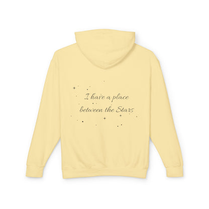 Starry Script Hoodie — "I Have a Place Between the Stars" Lightweight Pullover