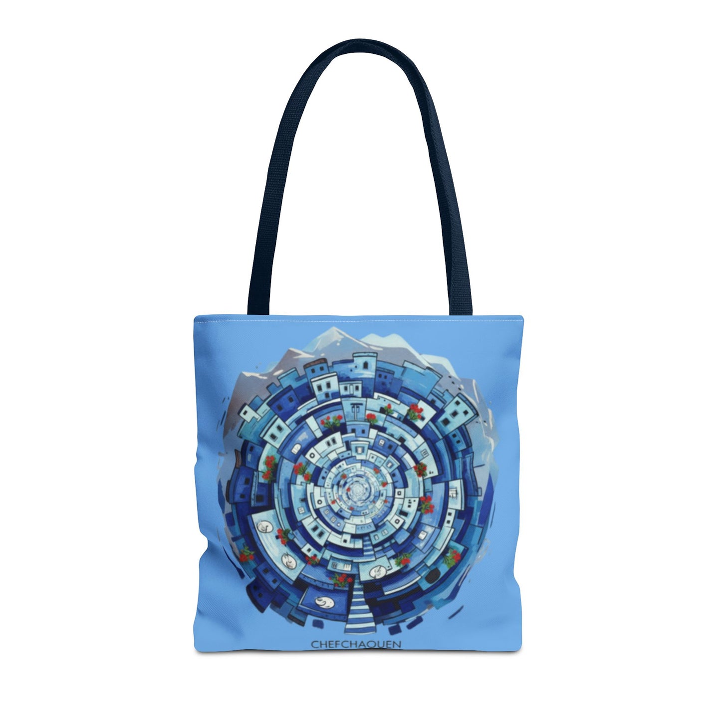 Blue Circular Cityscape Tote Bag — Abstract Urban Spiral All-Over Print Tote