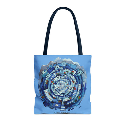 Blue Circular Cityscape Tote Bag — Abstract Urban Spiral All-Over Print Tote