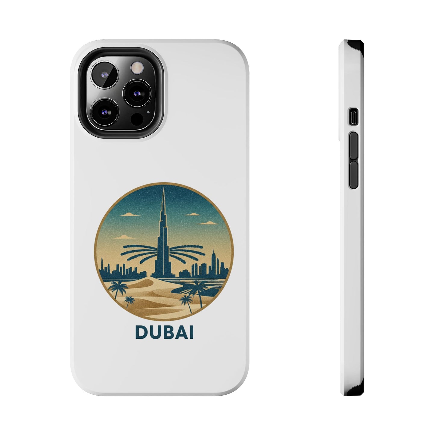 Coque de téléphone résistante motif skyline de Dubaï — Étui de voyage rétro palmiers du désert