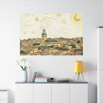 Moroccan Cityscape Canvas Print — Starry Night-Inspired Mosque Wall Art