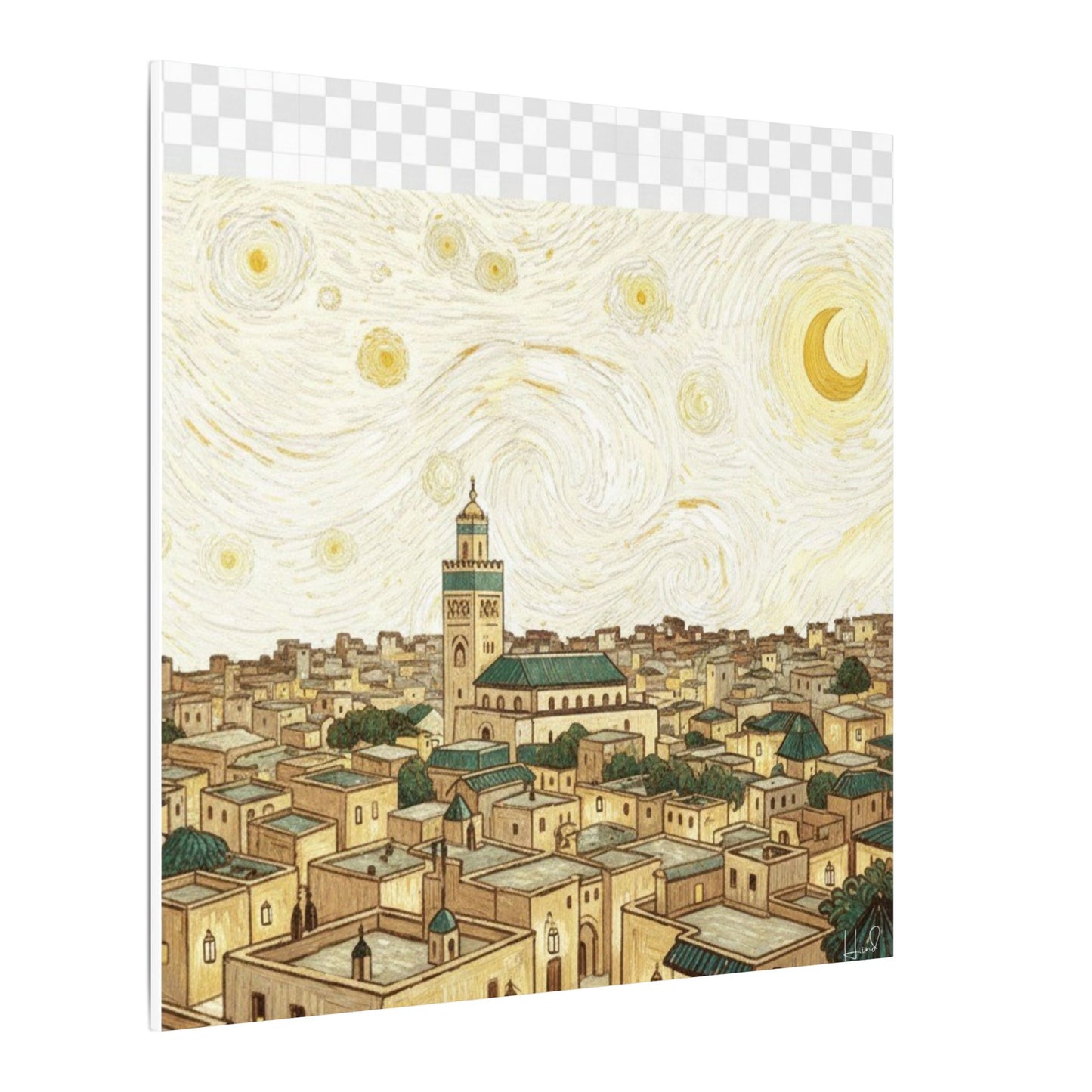 Moroccan Cityscape Canvas Print — Starry Night-Inspired Mosque Wall Art
