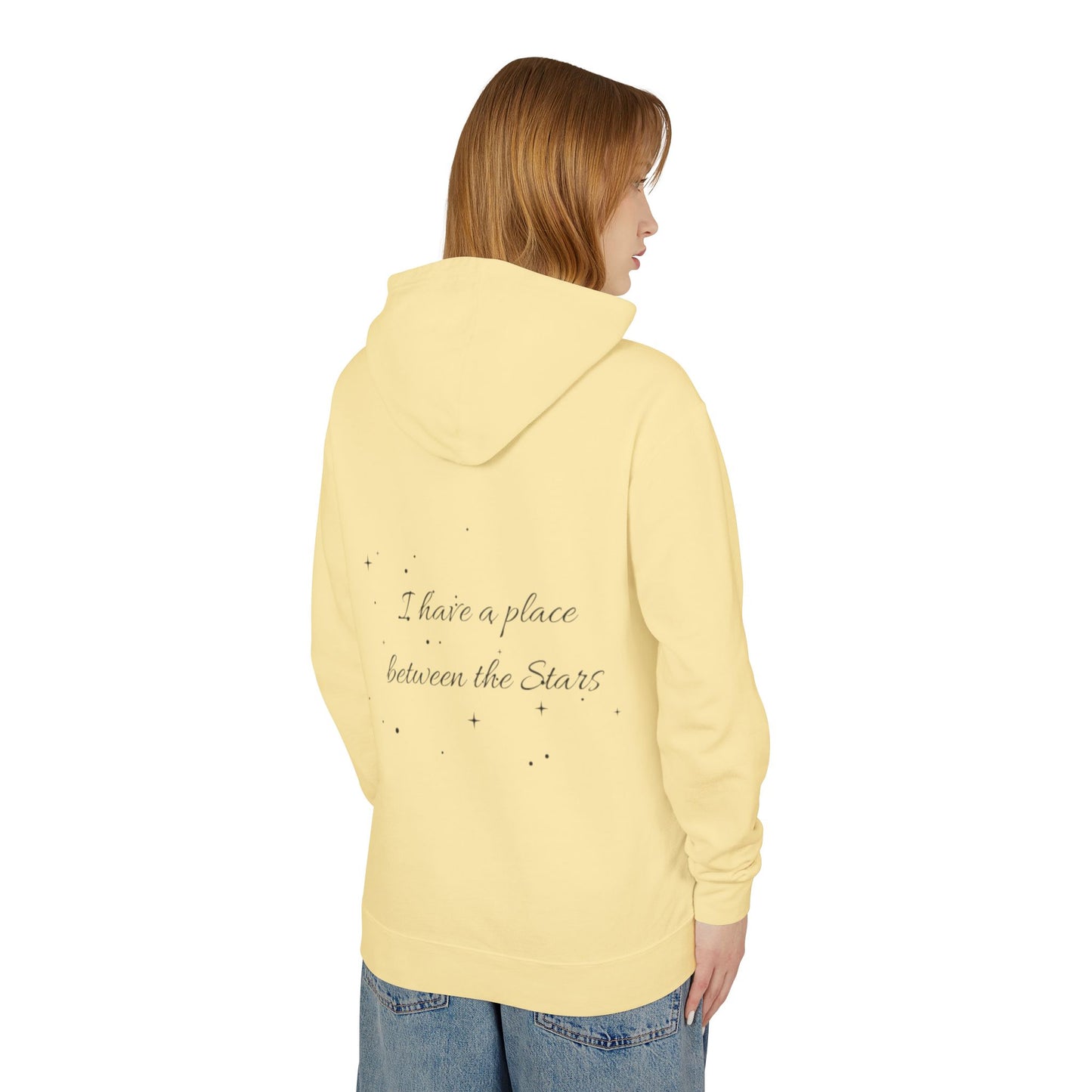 Starry Script Hoodie — "I Have a Place Between the Stars" Lightweight Pullover