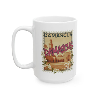 Damascus Vintage Stamp Ceramic Mug — Retro Travel Coffee Cup (11oz & 15oz)