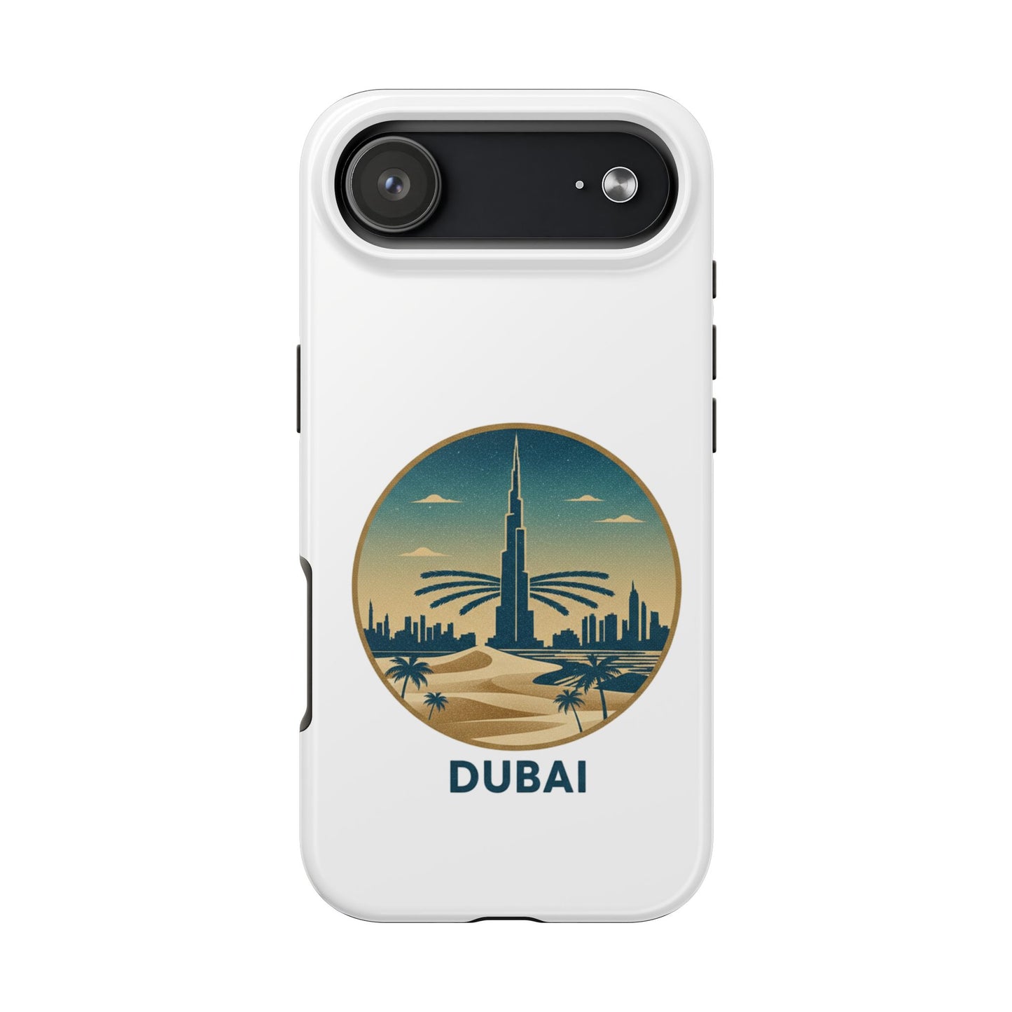 Coque de téléphone résistante motif skyline de Dubaï — Étui de voyage rétro palmiers du désert