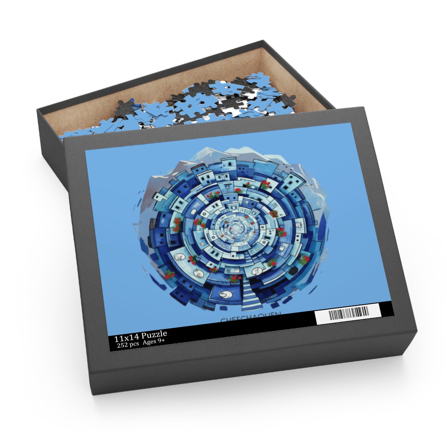 Blue Coastal Village Spiral Puzzle — 120/252/500-Piece Jigsaw