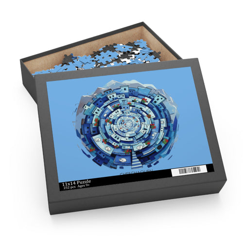 Blue Coastal Village Spiral Puzzle — 120/252/500-Piece Jigsaw