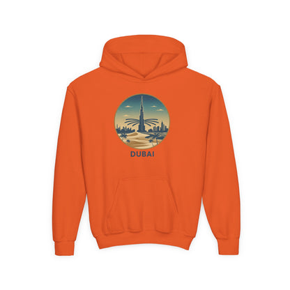 Dubai Skyline Youth Hoodie — Retro Desert Sunset Travel Sweatshirt