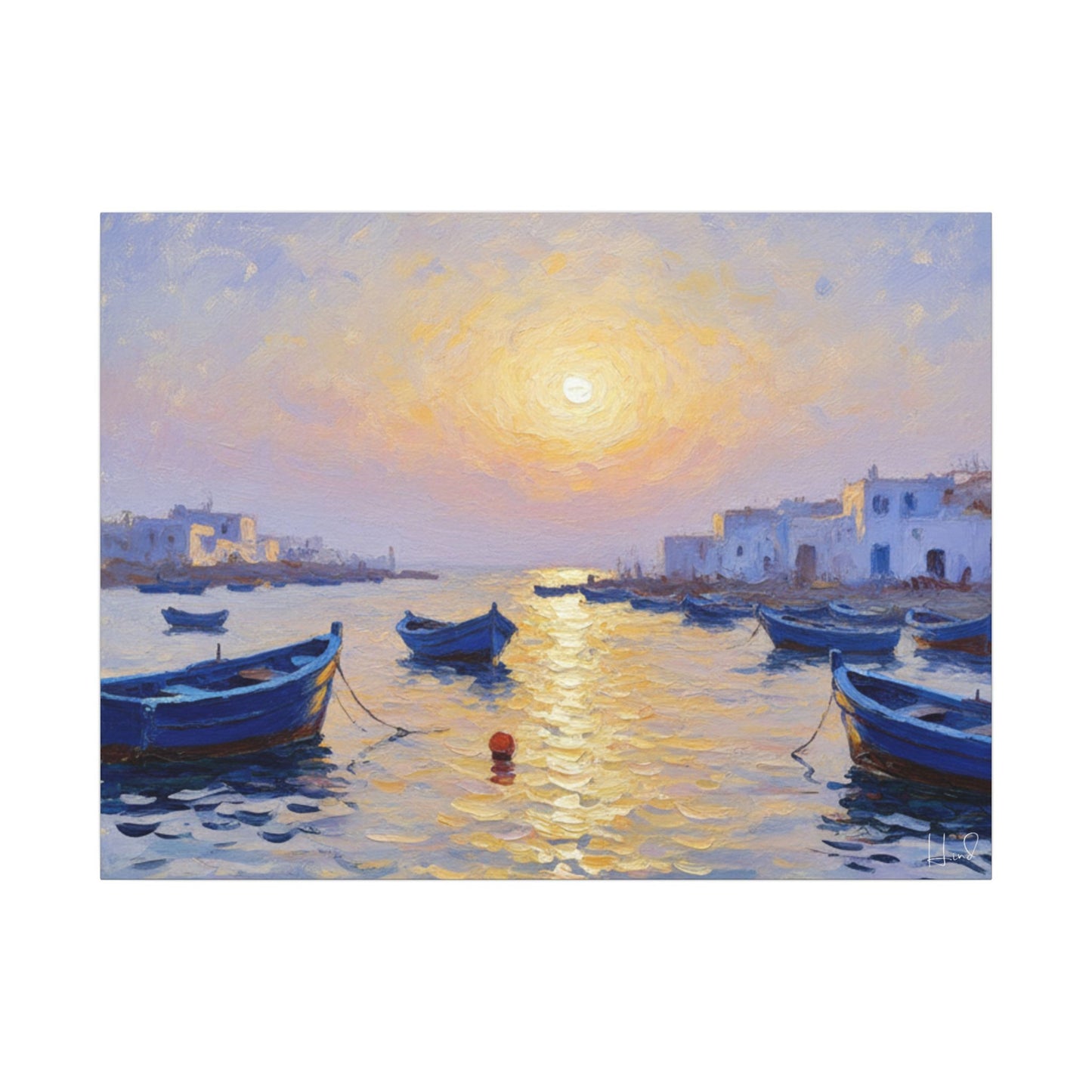 Seaside Sunset Canvas Print — Boats on Tranquil Harbor Wall Art