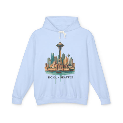 Doha x Seattle Skyline Hoodie — Retro Cityscape Pullover