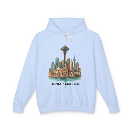 Doha x Seattle Skyline Hoodie — Retro Cityscape Pullover